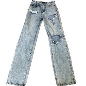 Nasty Gal jeans stone acid washed denim straight leg distressed high waisted 8
